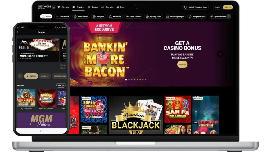 BetMGM Casino Michigan homepage on mockups of smartphone and laptop.