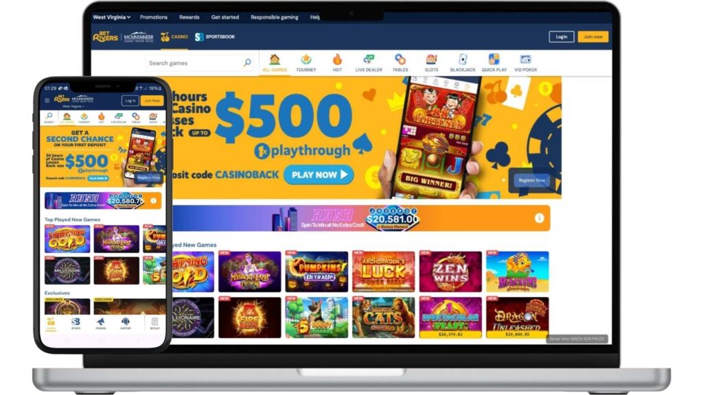 Homepage screenshots of BetRivers West Virginia online casino.