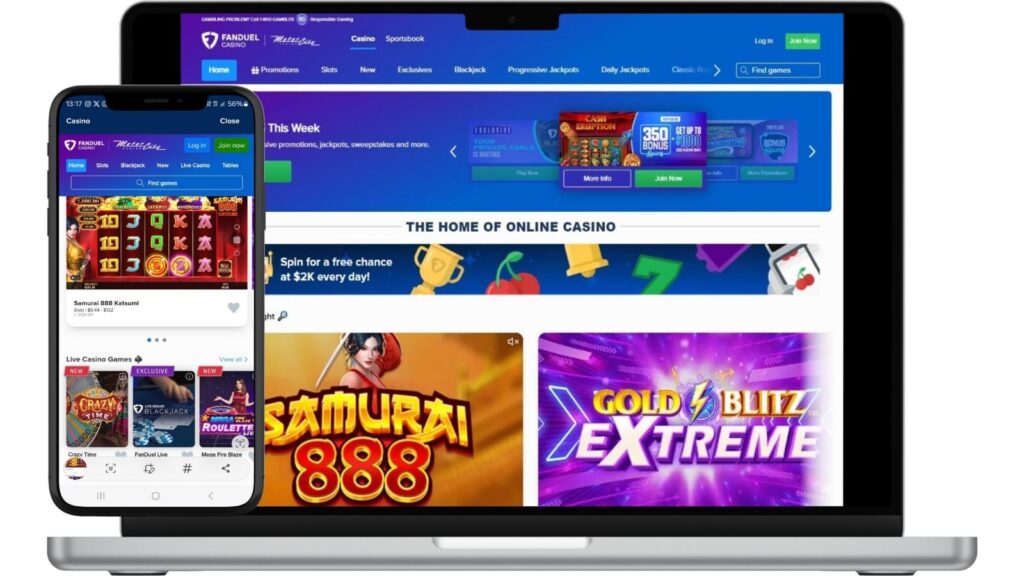 Fanduel Casino MI homepage screenshots on Android phone and laptop.