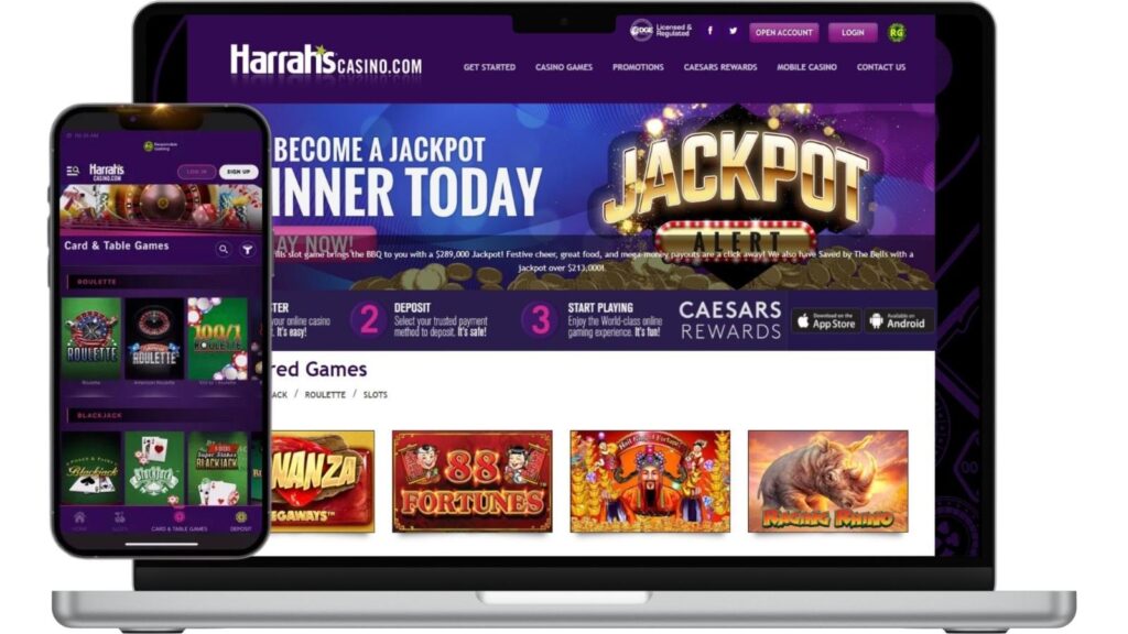 Harrahs Online Casino homepage shown on a laptop and smartphone mockup, isolated on white.