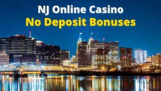 NJ Online Casino no deposit bonuses written a New Jersey skyline at dusk.