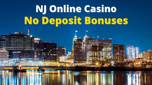 NJ Online Casino no deposit bonuses written a New Jersey skyline at dusk.