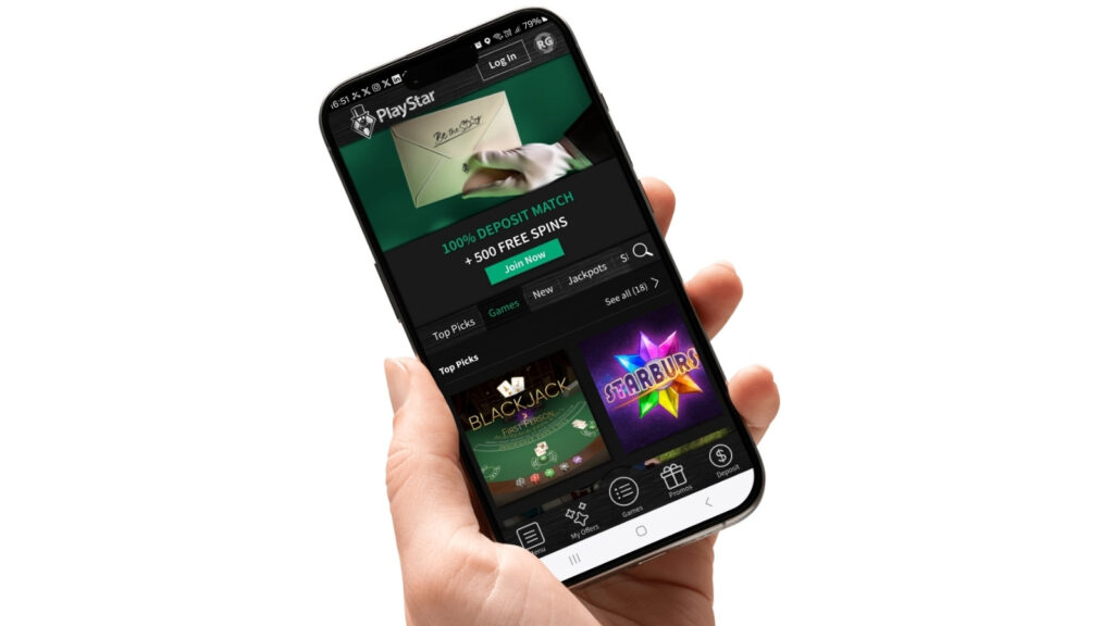 PlayStar Casino app on an Android smartphone, held in a hand, isolated on white.