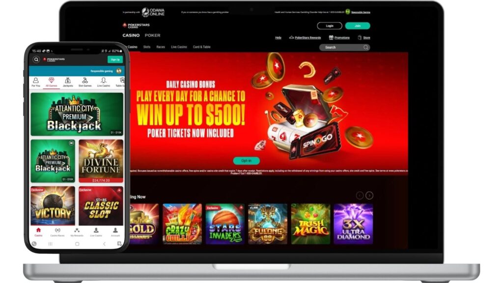 PokerStars Online Casino MI screenshots on a laptop and smartphone.