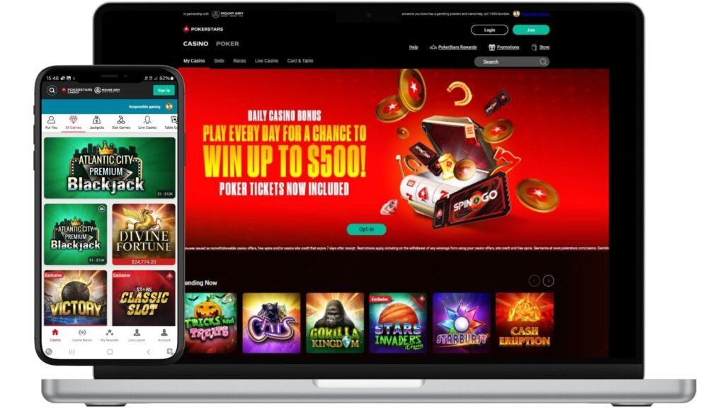 PokerStars Casino Pennsylvania screenshots on Android app and laptop.