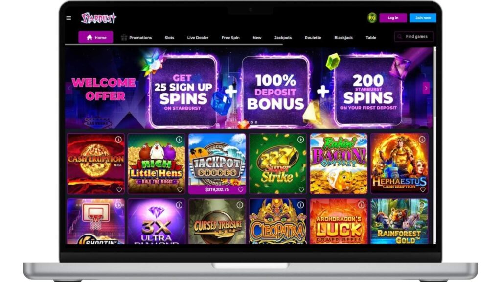 Stardust Online Casino homepage showing on a laptop screen, isolated on white.