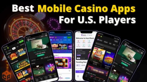 best mobile casino apps for U.S. players written above 6 casino screenshots on smartphone mockups.