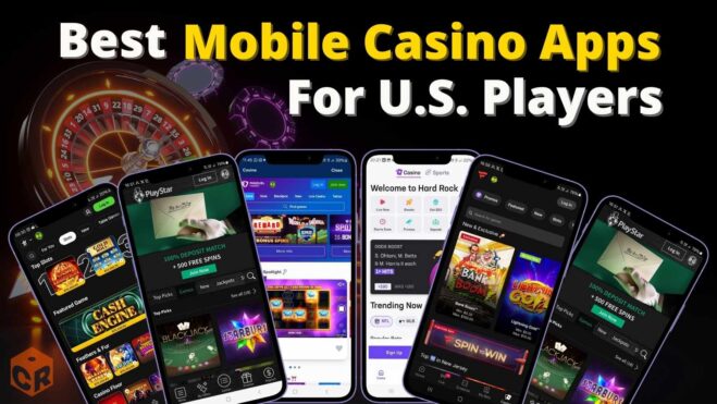 best mobile casino apps for U.S. players written above 6 casino screenshots on smartphone mockups.