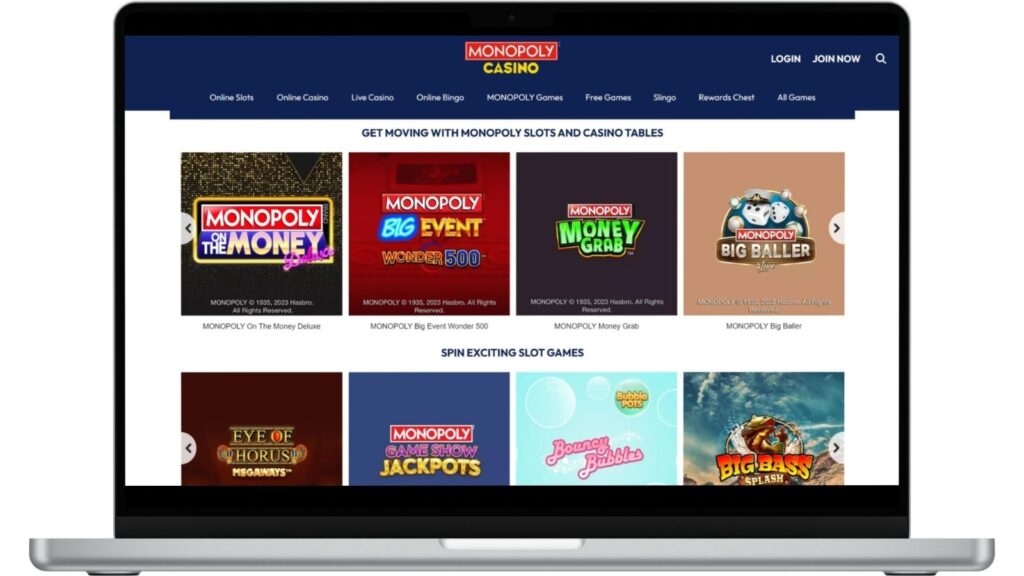 Monopoly Casino homepage on laptop isolated on white.