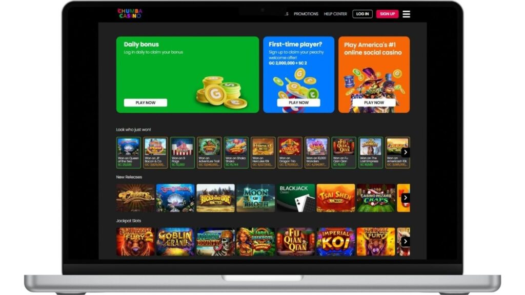 Chumba Casino homepage on a laptop screen mockup isolated on white.