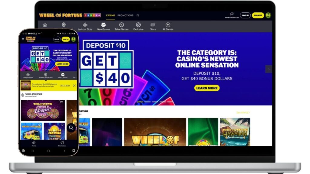 Wheel of Fortune Casino homepage on laptop and smartphone mockups.