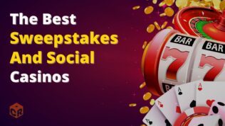 The Best Sweepstakes and Social Casinos written across a casino graphic of slots, cards, and roulette.