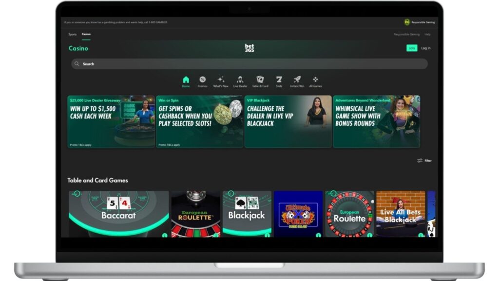 bet365 casino homepage on a laptop screen.