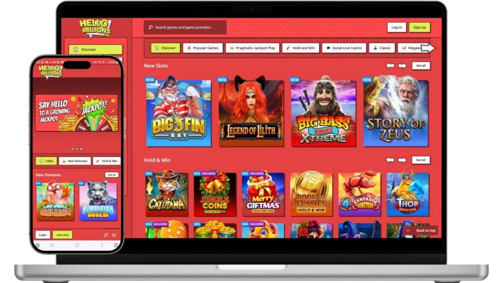 Hello Millions Casino homepage on laptop and mobile screens.