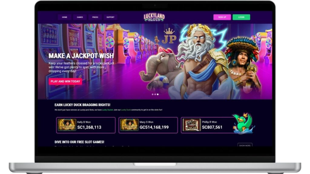 LuckyLand Slots homepage on a laptop screen mockup.