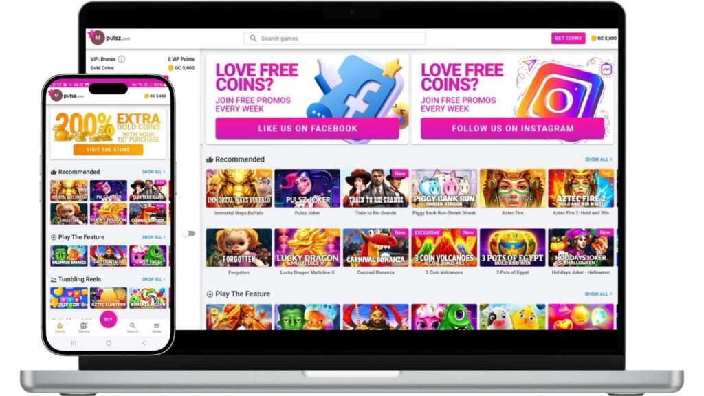 Pulsz Casino homepage on smartphone and laptop screen mockups.