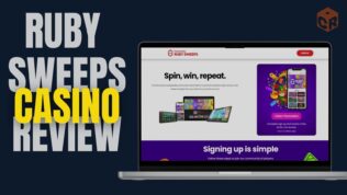 Ruby Sweeps Casino review written beside a mockup of the casinos homepage on a laptop screen.