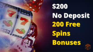 200 No Deposit Bonus 200 free spins, written beside a graphic of casino games, mostly slot reels.