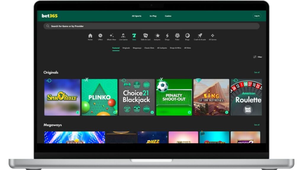 Bet365 slots lobby screenshot on a laptop screen mockup.