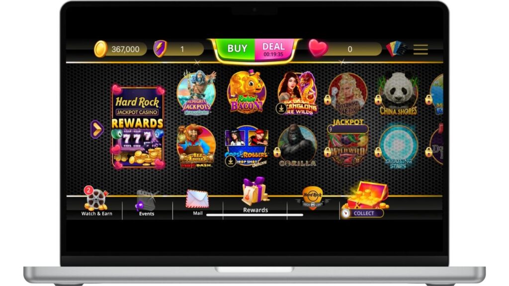 Hard Rock Jackpot Casino homepage on a desktop screen mockup.