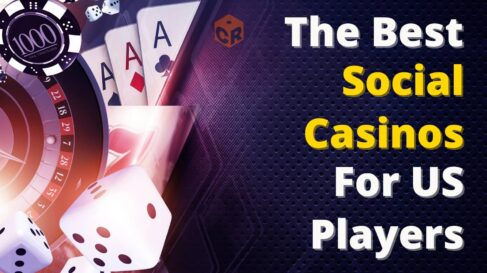 The best social casinos for US players, written beside a graphic of a roulette wheel, some cards, and casino chips.