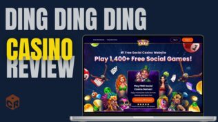 Ding Ding Ding Casino review, written beside a screenshot of their homepage on a laptop mockup.