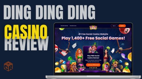 Ding Ding Ding Casino review, written beside a screenshot of their homepage on a laptop mockup.