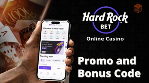 Hard rock bet casino logo above text saying 'promo and bonus code', written beside a graphic of casinos cards, dice, and chips.