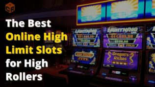 The best online high limit slots for high rollers, written beside a photo of some slot machines on a casino floor.