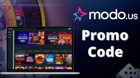 Modo.us logo above 'promo code', written next to their homepage on a laptop screen, with casino games as a background image.