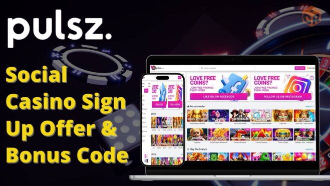 Pulsz social casino sign up offer and bonus code written beside Pulsz casino homepage on smartphone and laptop mockups.