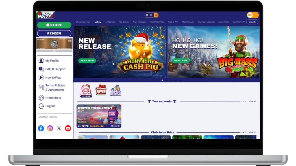 Real Prize casino homepage mockup on laptop.