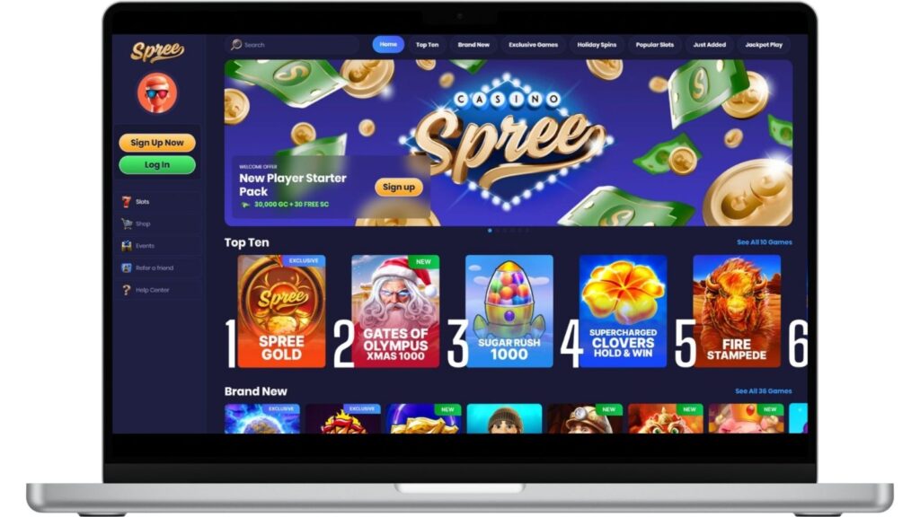 Spree casino homepage on a laptop mockup.