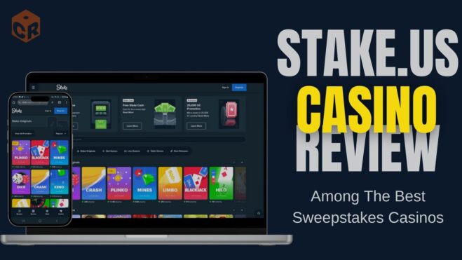 Stake.us casino review written beside screenshots of the homepage on laptop and smartphone.