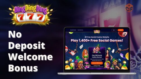 Ding Ding Ding Casino logo above the words 'no deposit welcome bonus' next to a screenshot of their homepage on a laptop mockup.