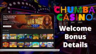 Chumba Casino Promo and welcome bonus details written beside a mockup of their slots homepage on desktop.