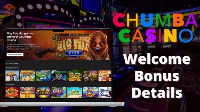 Chumba Casino Promo and welcome bonus details written beside a mockup of their slots homepage on desktop.