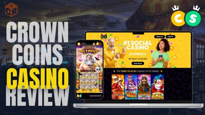 Crown Coins Casino Review written next to screenshots of the homepage on laptop and smartphone mockups.