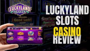 LuckyLand Slots Casino Review written beside a mockup of a smartphone screen showing the homepage, held landscape in a mans hand.